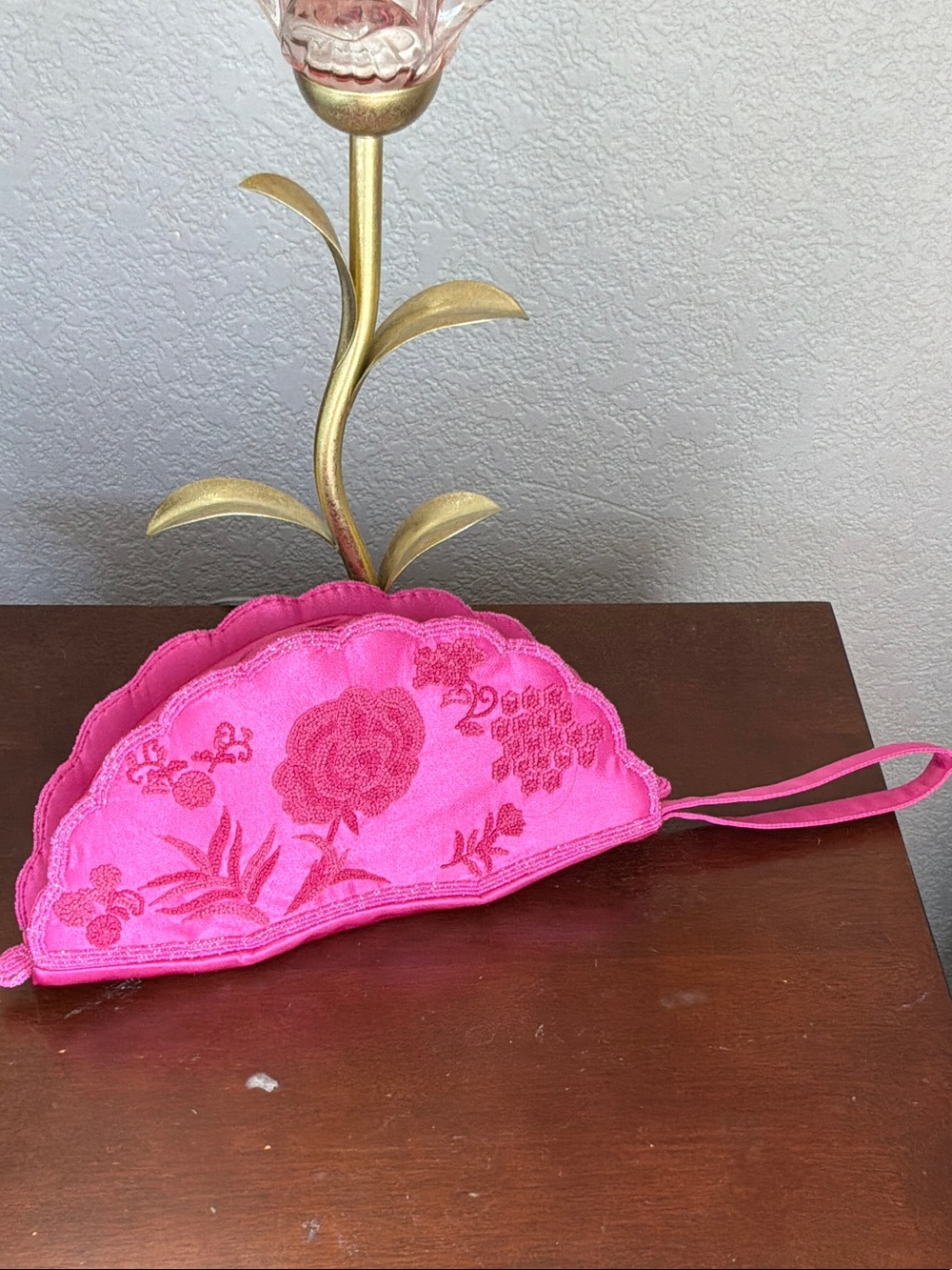 Hot Pink Floral Embroidered Wristlet Hair Accessory Pouch